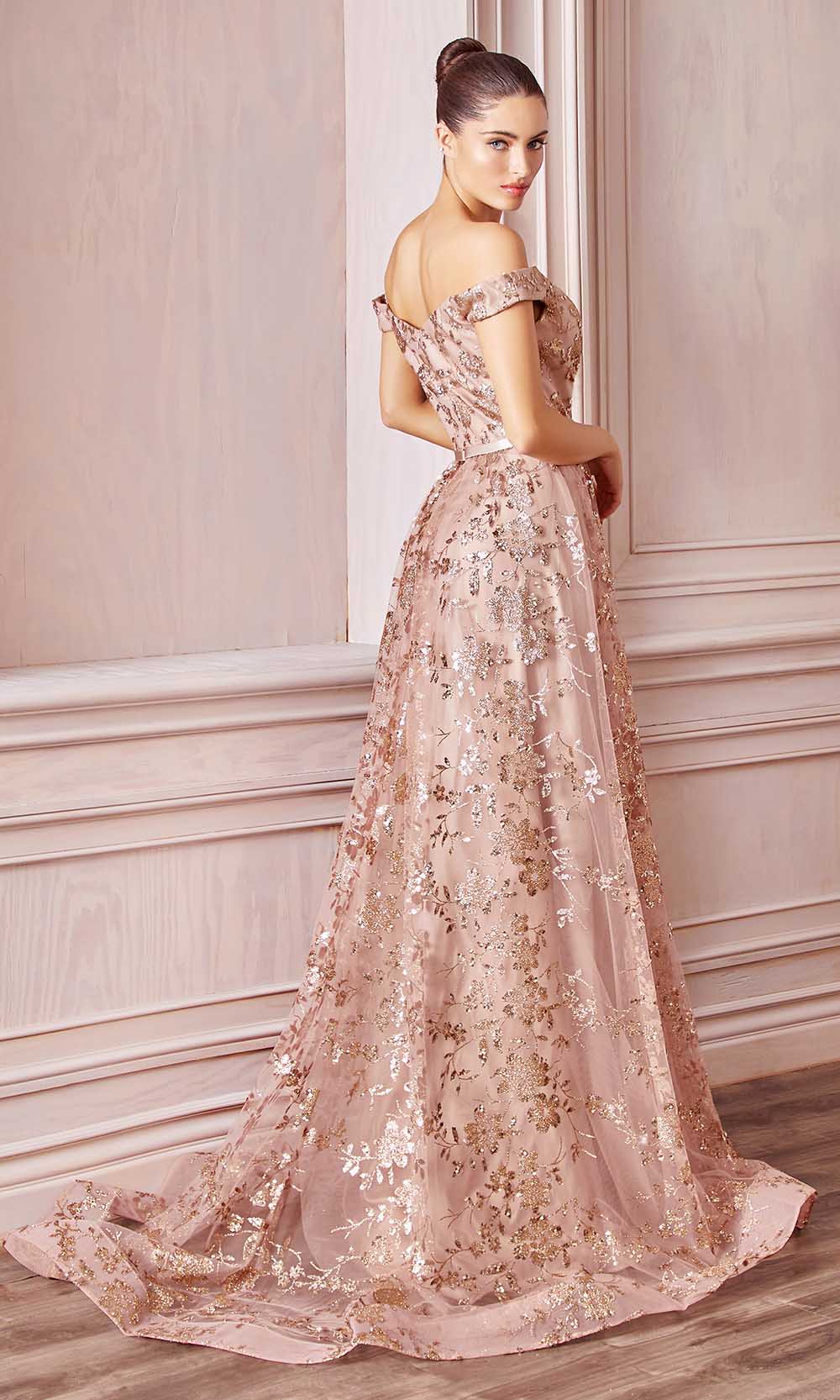 Ladivine - CB069 Embellished Print Off Shoulder Gown In Pink