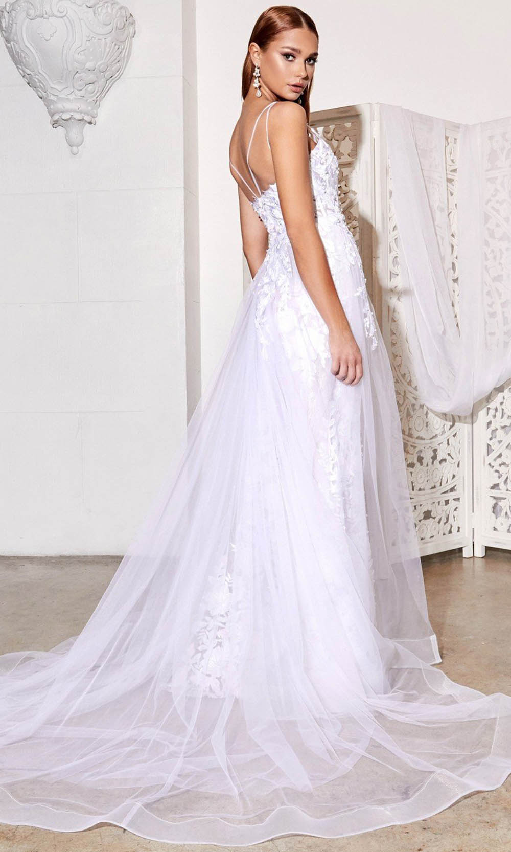 Ladivine - CD931W Overskirt Organza Lace White Gown In White