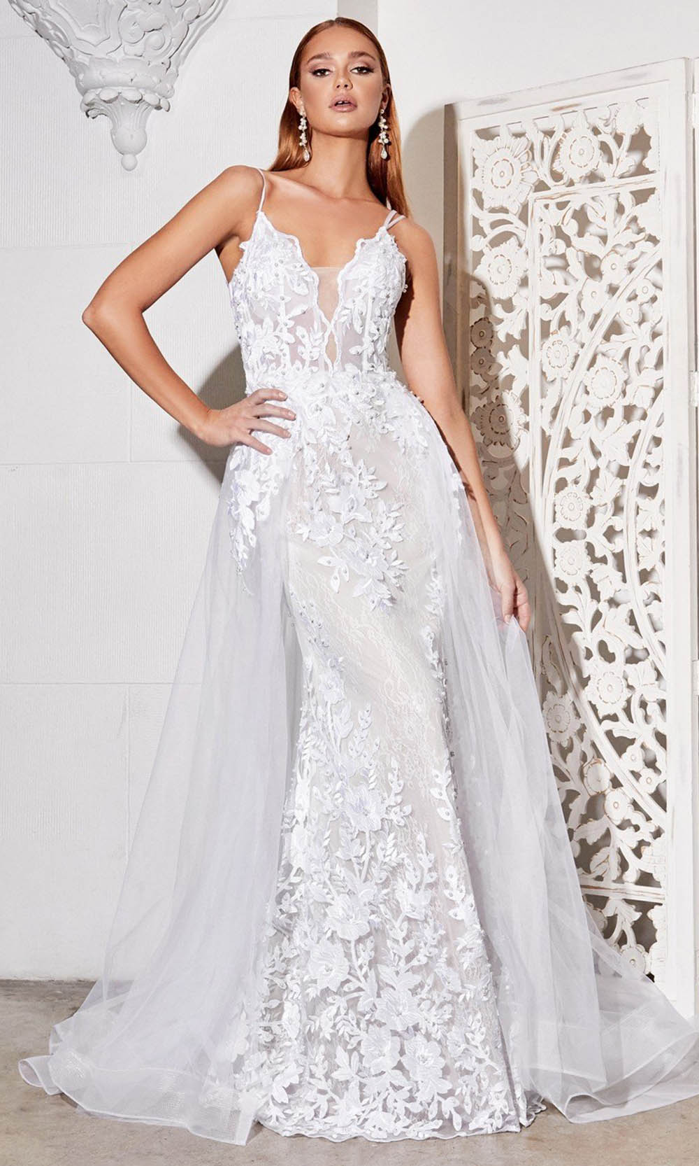 Ladivine - CD931W Overskirt Organza Lace White Gown In White