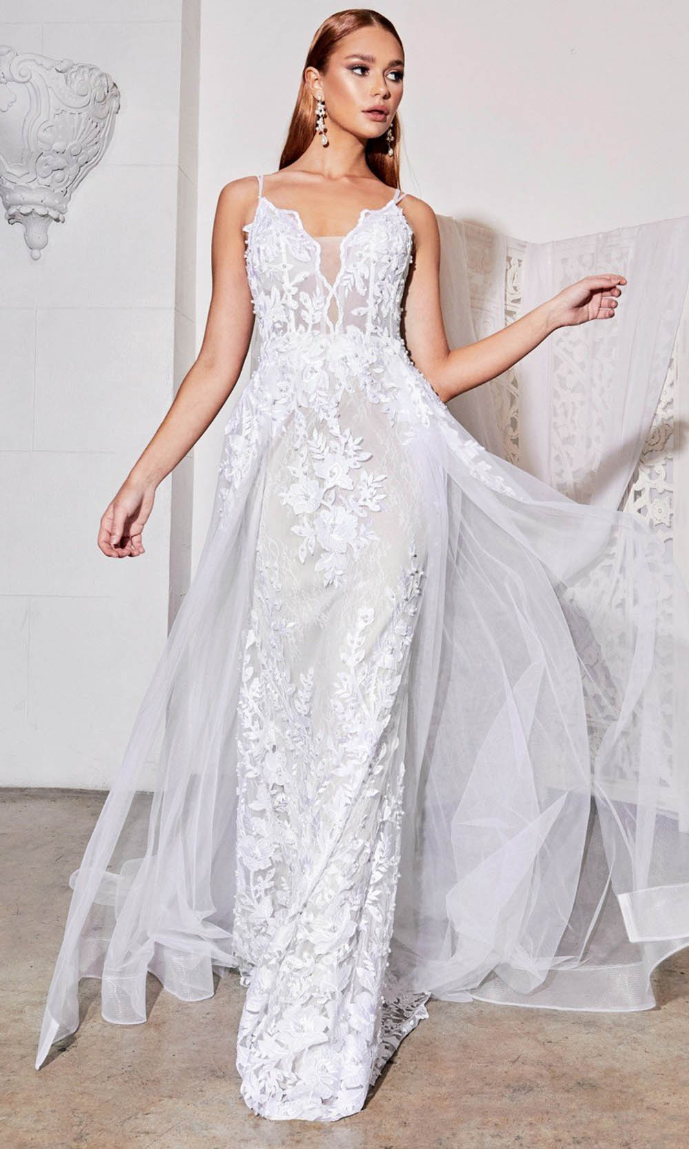 Ladivine - CD931W Overskirt Organza Lace White Gown In White