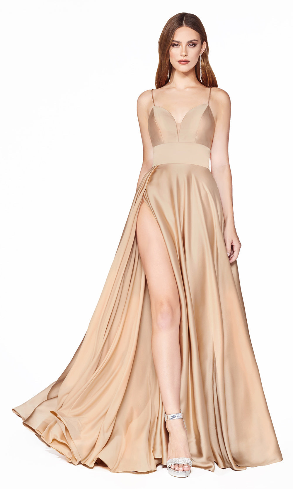 Ladivine CJ523 long champagne gold or light gold satin dress with v neck, straps, & high slit. Plus sizes available.jpg
