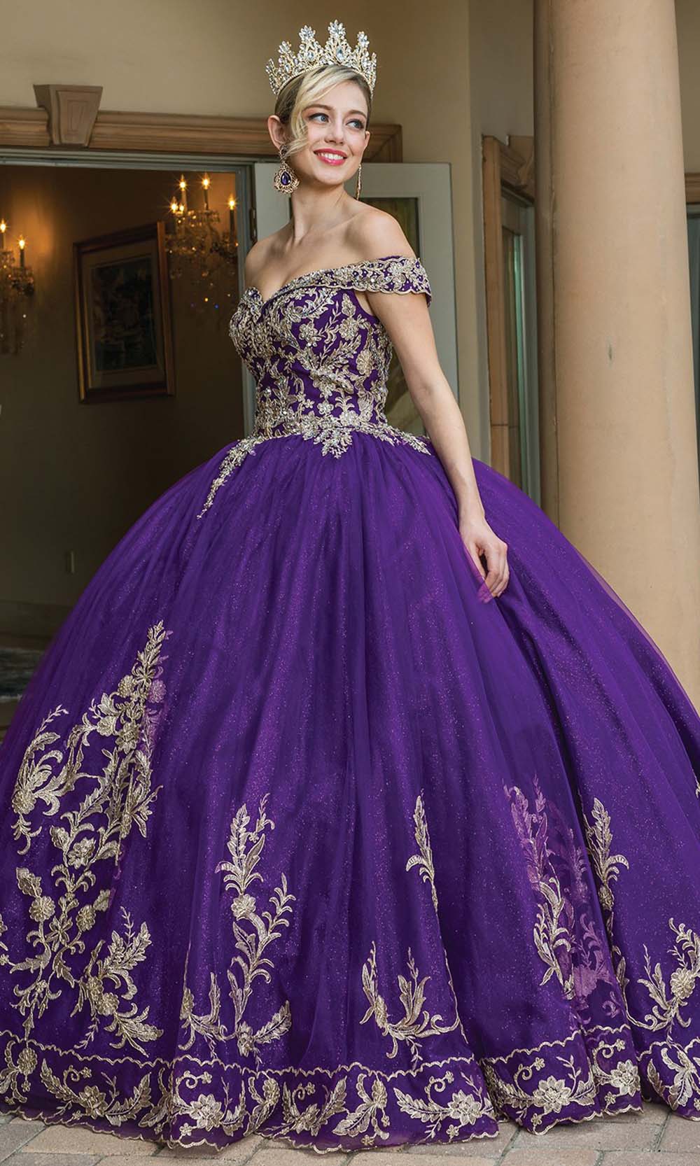 Dancing Queen - 1596 Off Shoulder Embroidered Ballgown In Purple