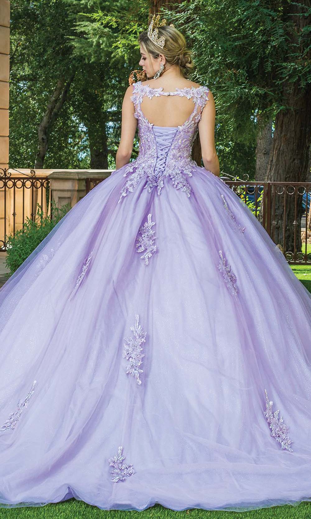 Dancing Queen - 1597 V-Neck Cutout Back Floral Applique Ballgown In Purple