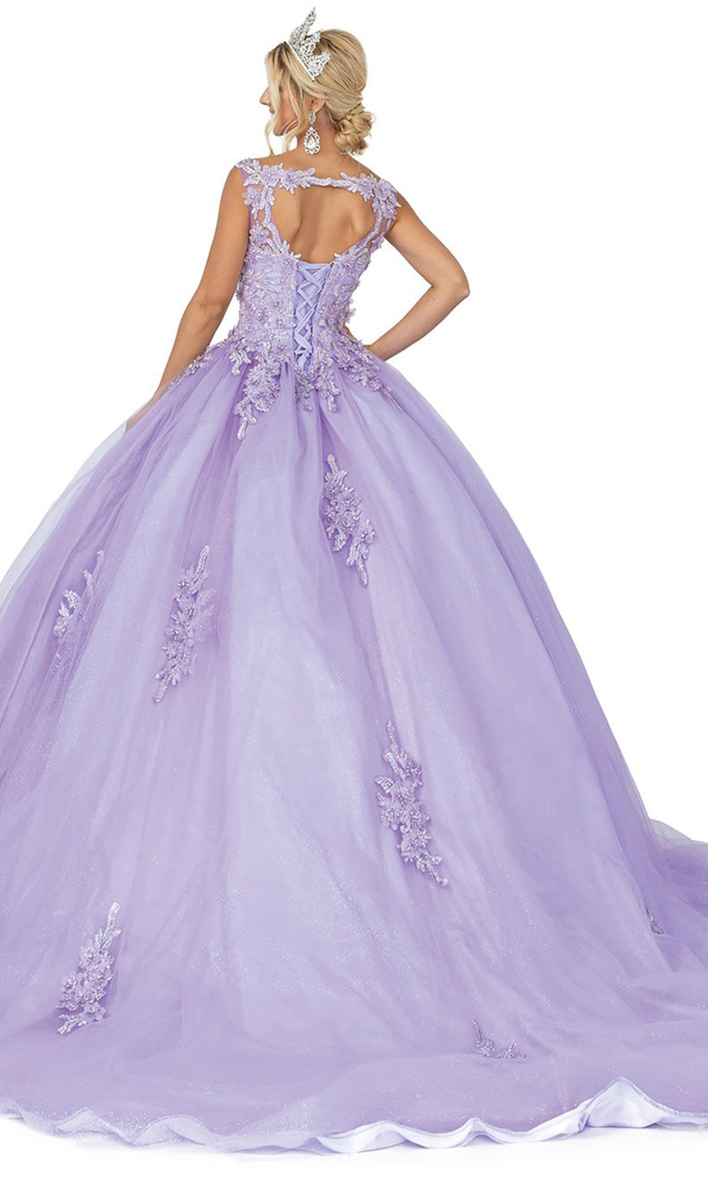 Dancing Queen - 1597 V-Neck Cutout Back Floral Applique Ballgown In Purple