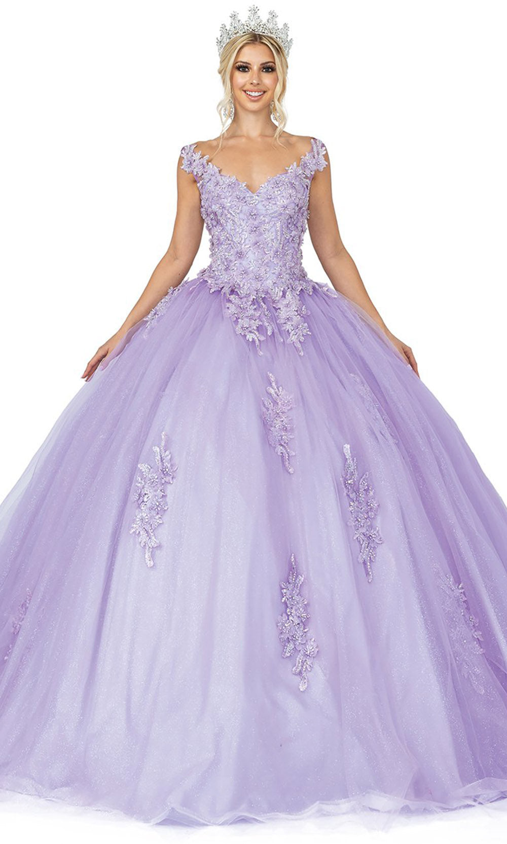 Dancing Queen - 1597 V-Neck Cutout Back Floral Applique Ballgown In Purple