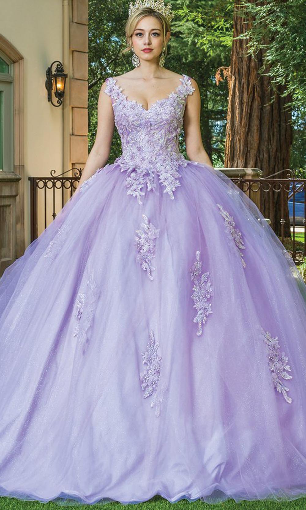 Dancing Queen - 1597 V-Neck Cutout Back Floral Applique Ballgown In Purple