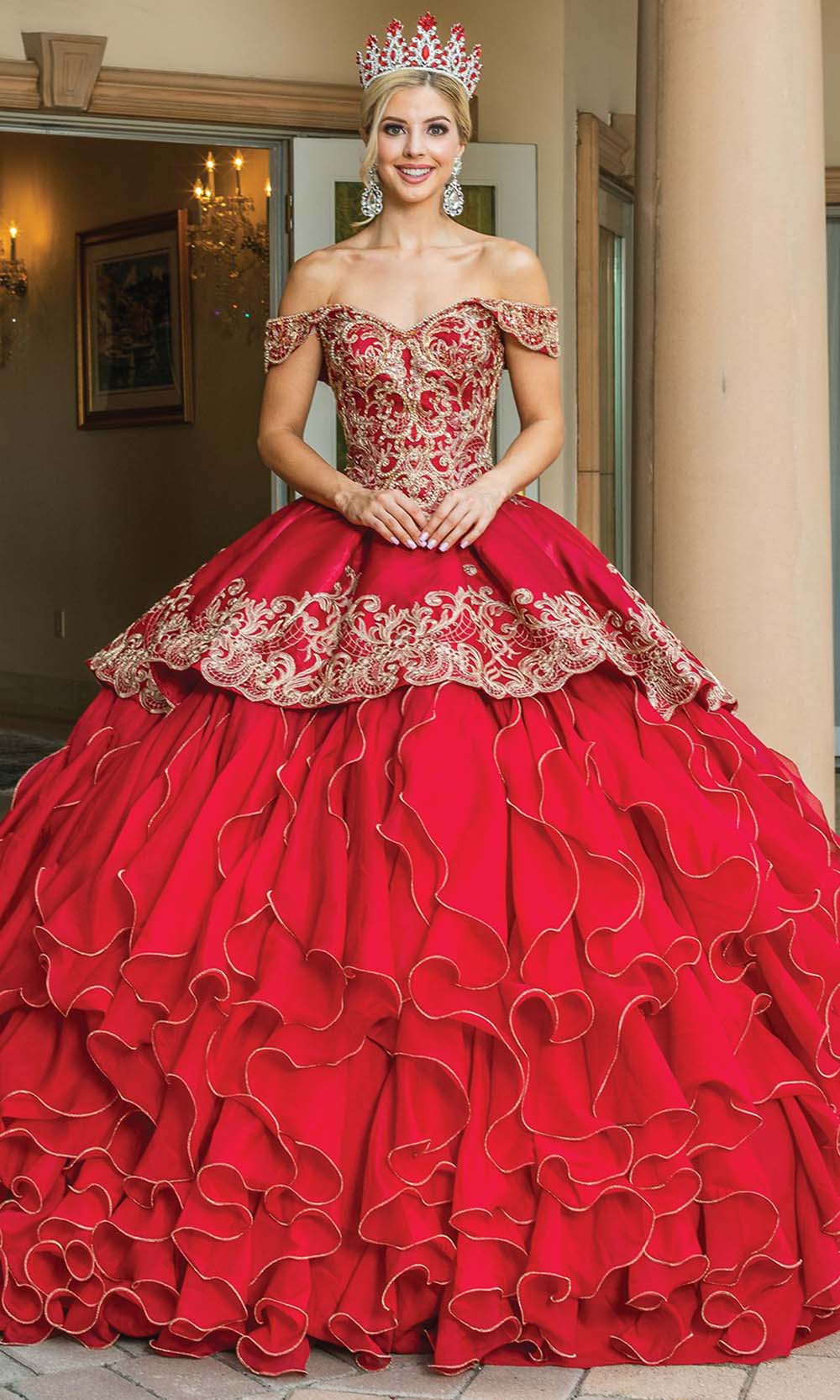 Dancing Queen - 1599 Metallic Ruffled Ballgown In Burgundy