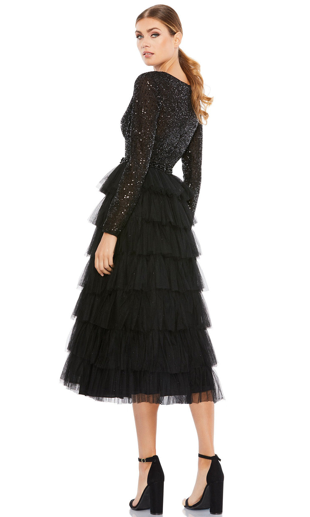 Ieena Duggal - 26299I Long Sleeve Tiered A-Line Dress In Black