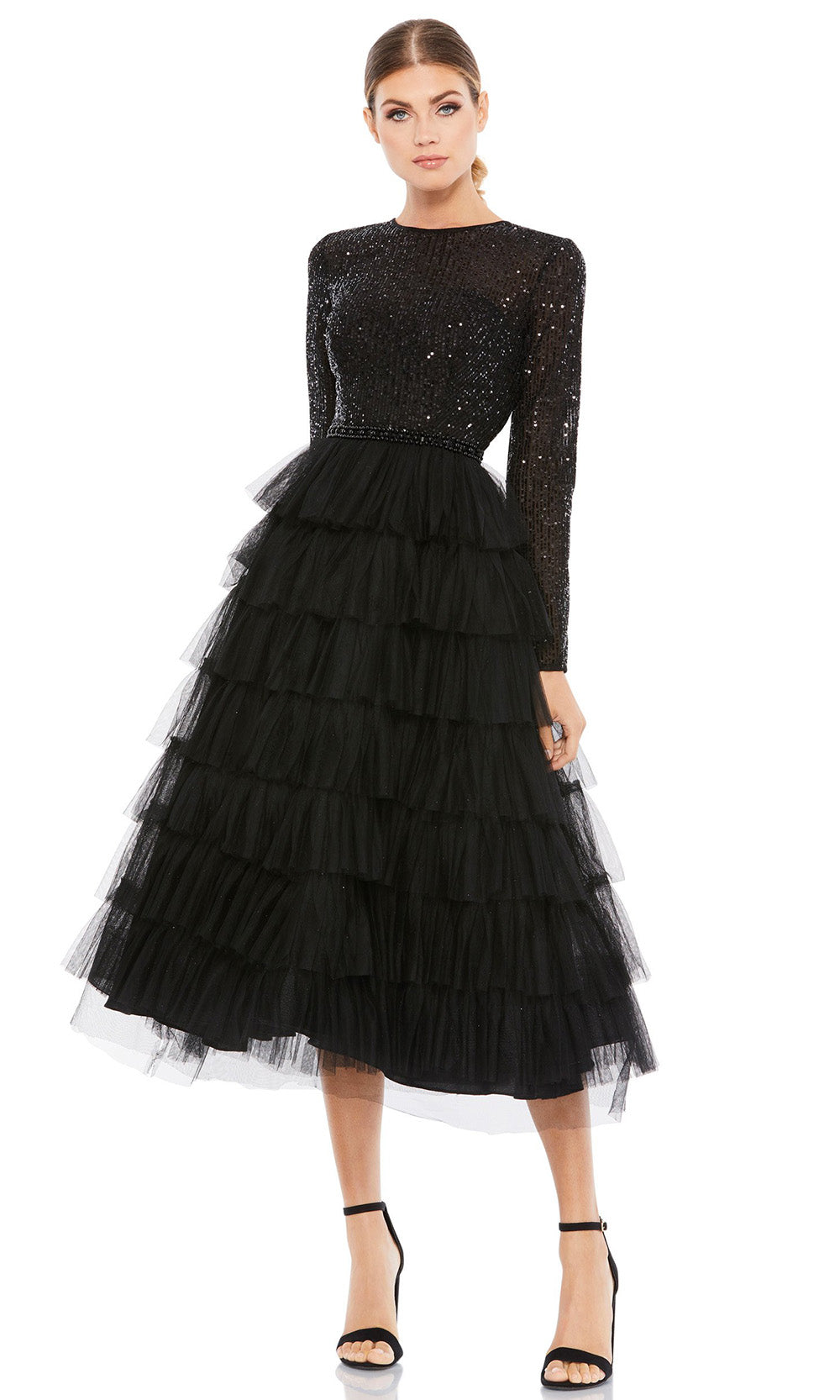 Ieena Duggal - 26299I Long Sleeve Tiered A-Line Dress In Black