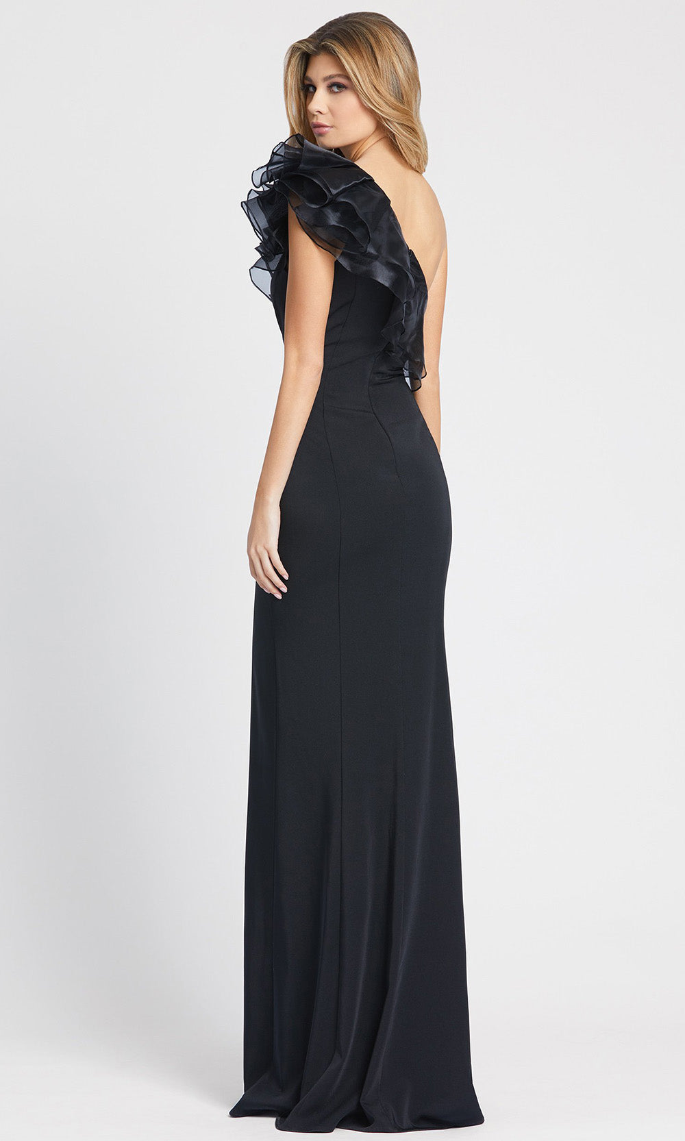 Ieena Duggal - 26372I Ruffle Draped High Slit Gown In Black