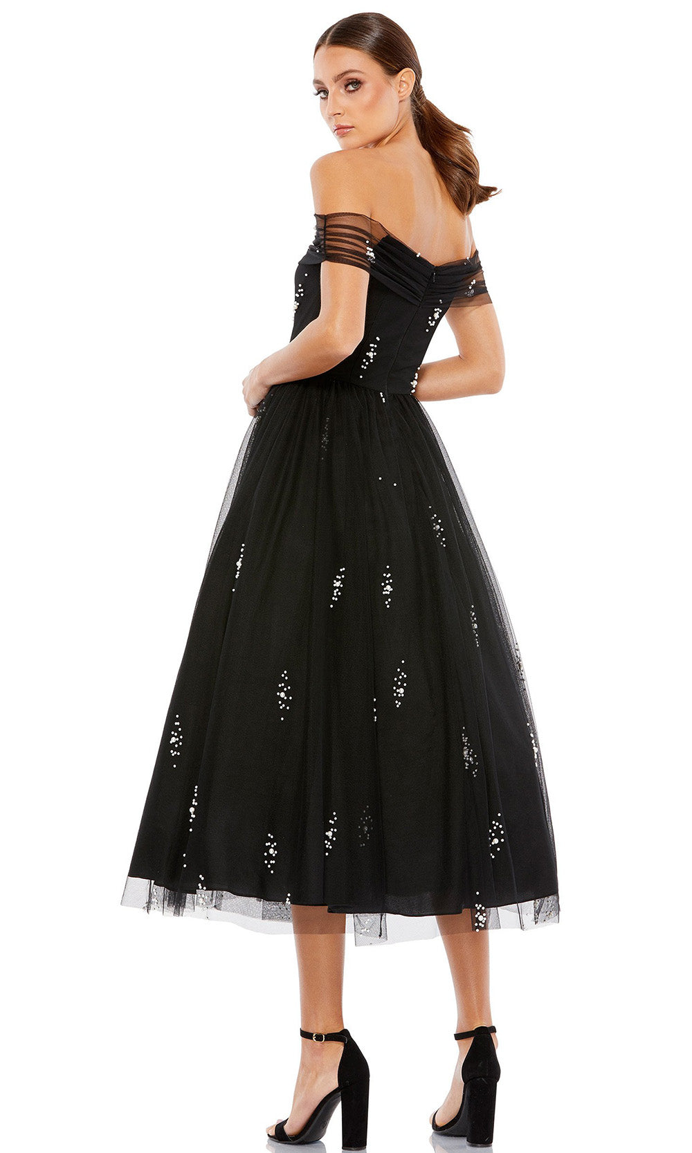 Ieena Duggal - 26498I Pearl-Beaded Tea Length Dress In Black