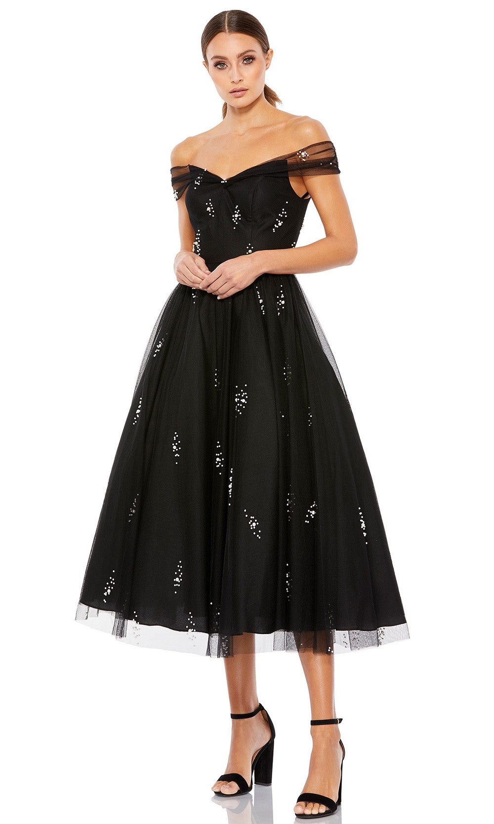 Ieena Duggal - 26498I Pearl-Beaded Tea Length Dress In Black