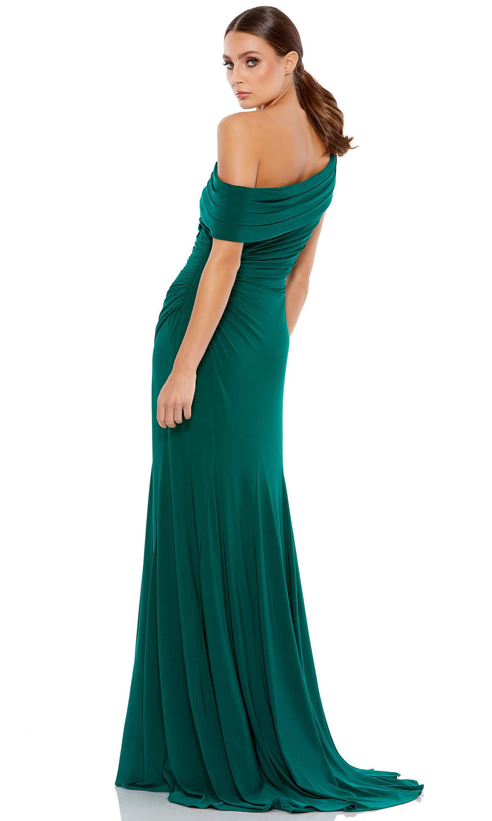 Ieena Duggal - 26517I Off Shoulder Ruched A-Line Gown With Slit In Green
