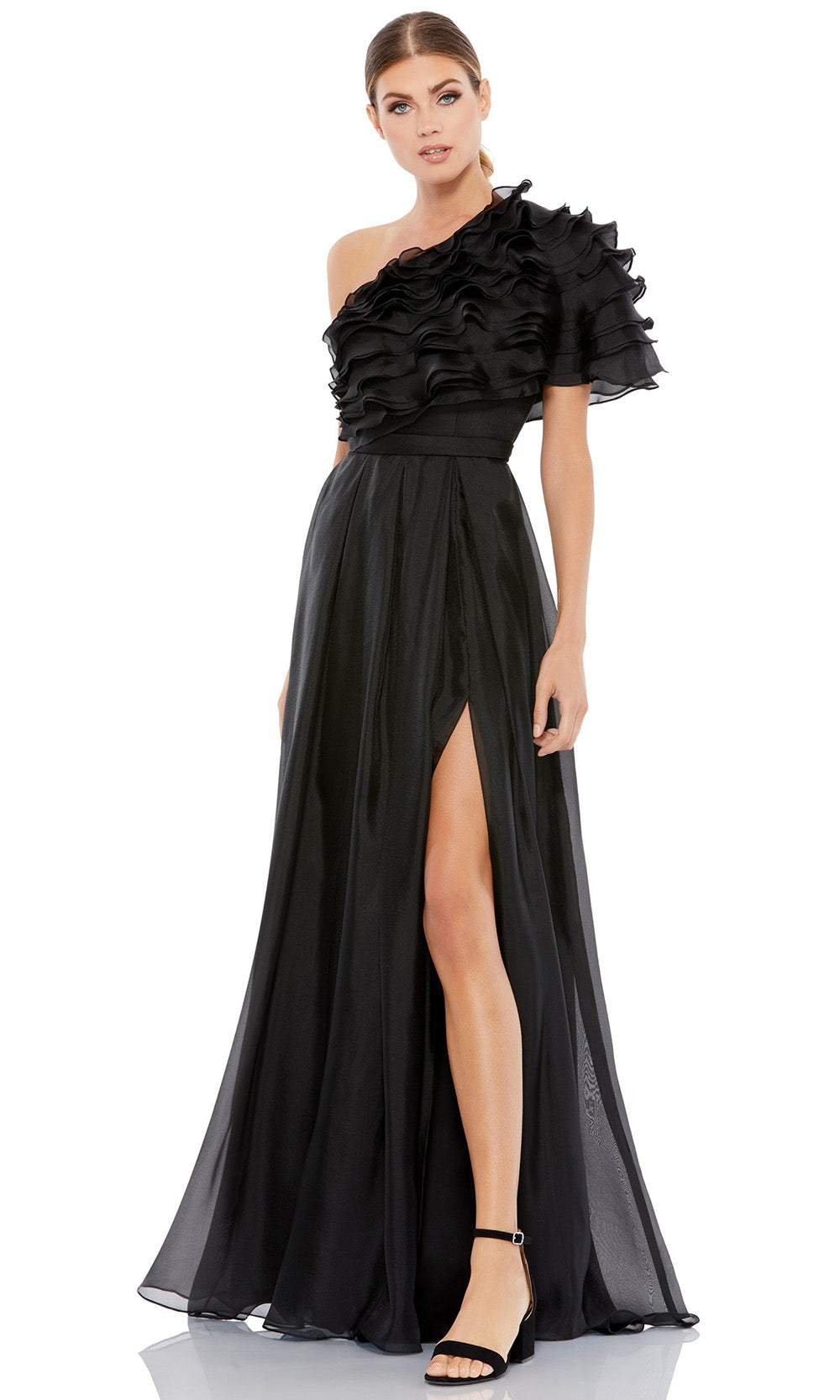 Ieena Duggal - 26527I Tiered One Shoulder Dress In Black