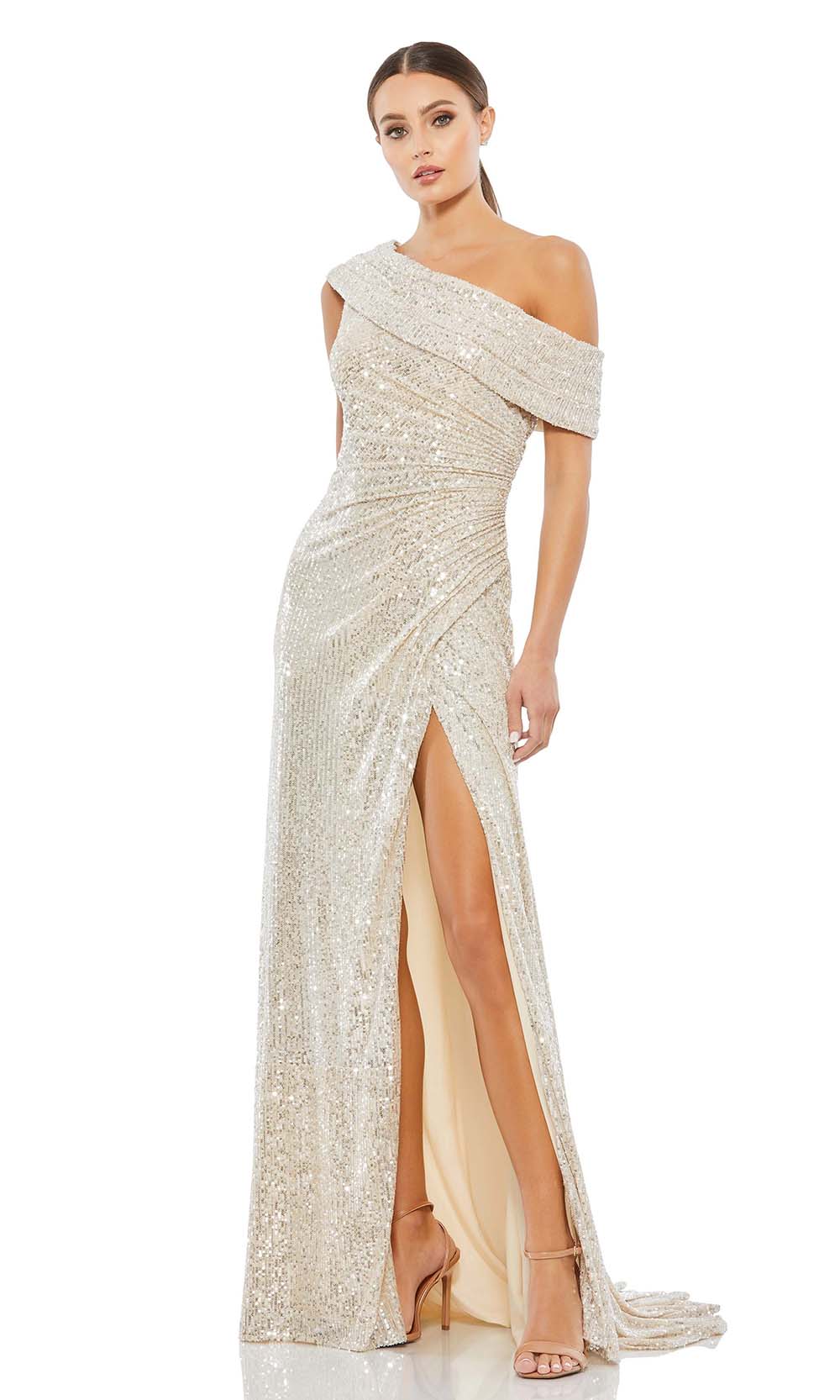 Ieena Duggal - 26550I One Shoulder Sequin Sheath Dress In Champagne & Gold