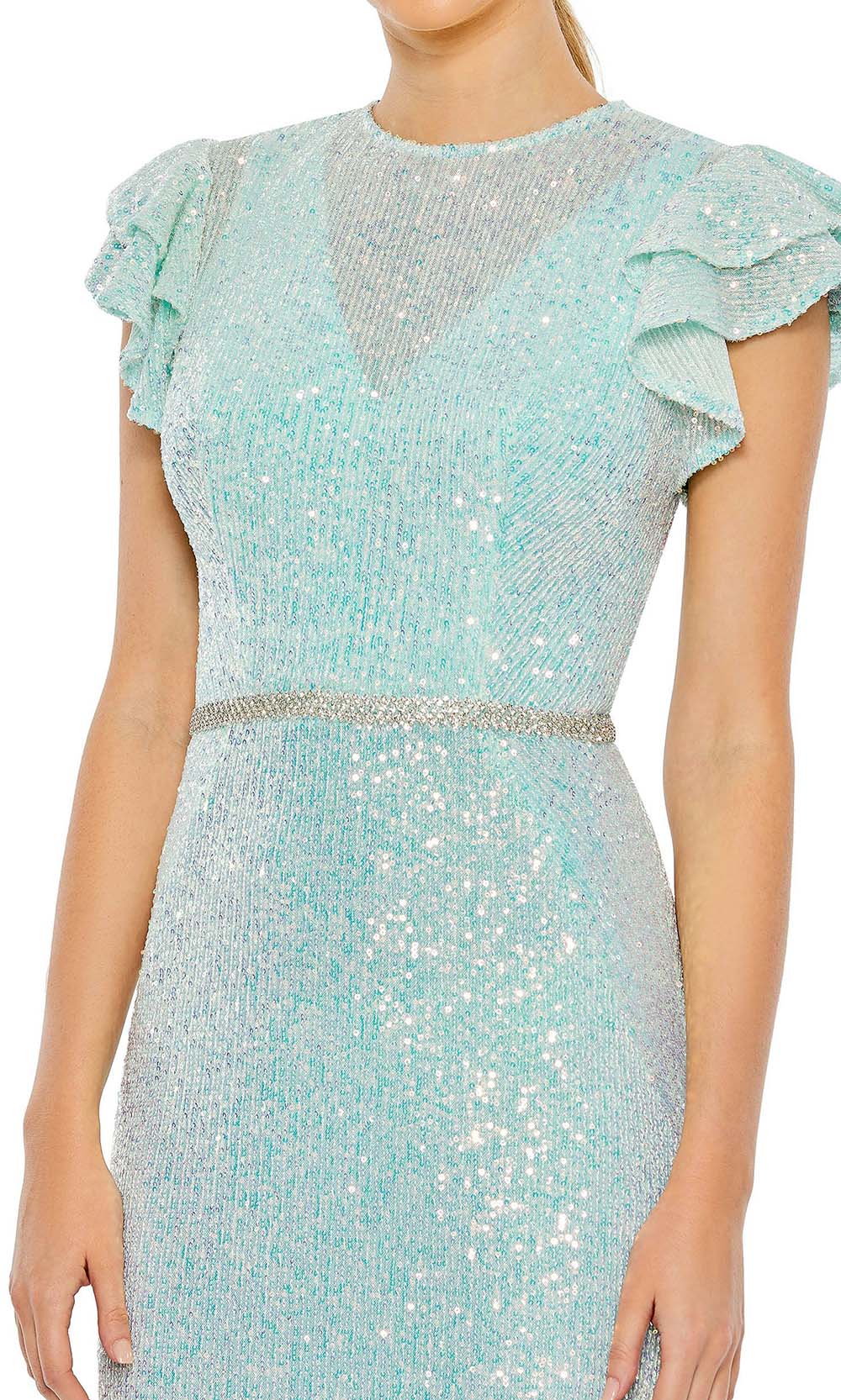 Ieena Duggal - 26942 Cap Sleeve Sequined Sheath Gown In Blue