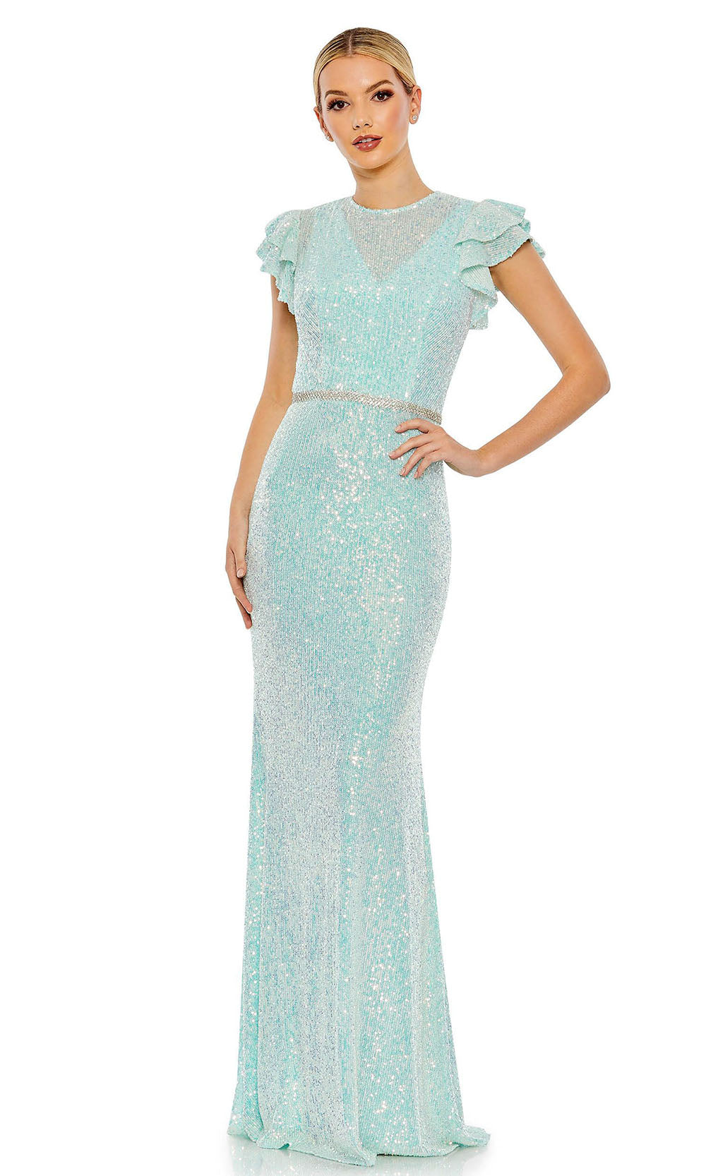 Ieena Duggal - 26942 Cap Sleeve Sequined Sheath Gown In Blue