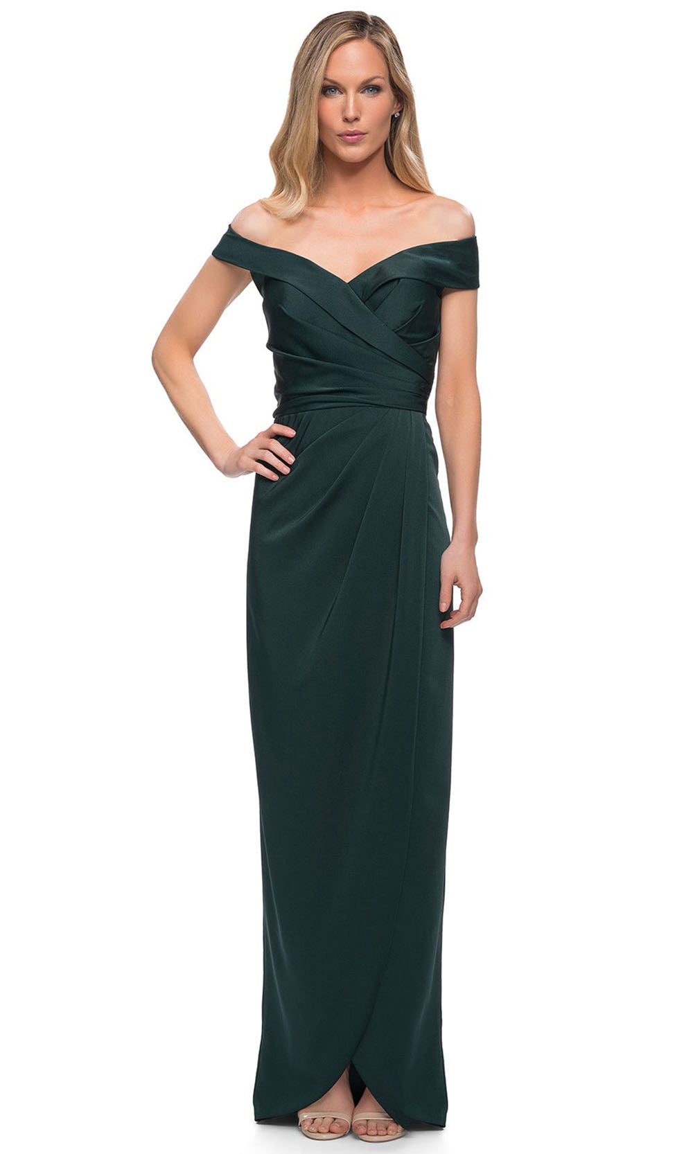 La Femme - 25206 Cap Sleeved Ruched Jersey Long Dress In Green