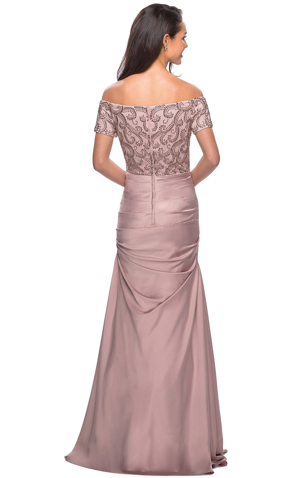 La Femme - 25996 Beaded Short Sleeve Satin Pleated Long Dress In Pink