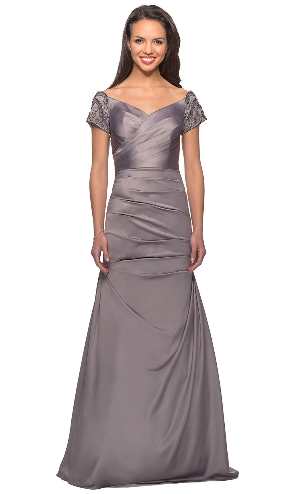 La Femme - 25996 Beaded Short Sleeve Satin Pleated Long Dress In Silver