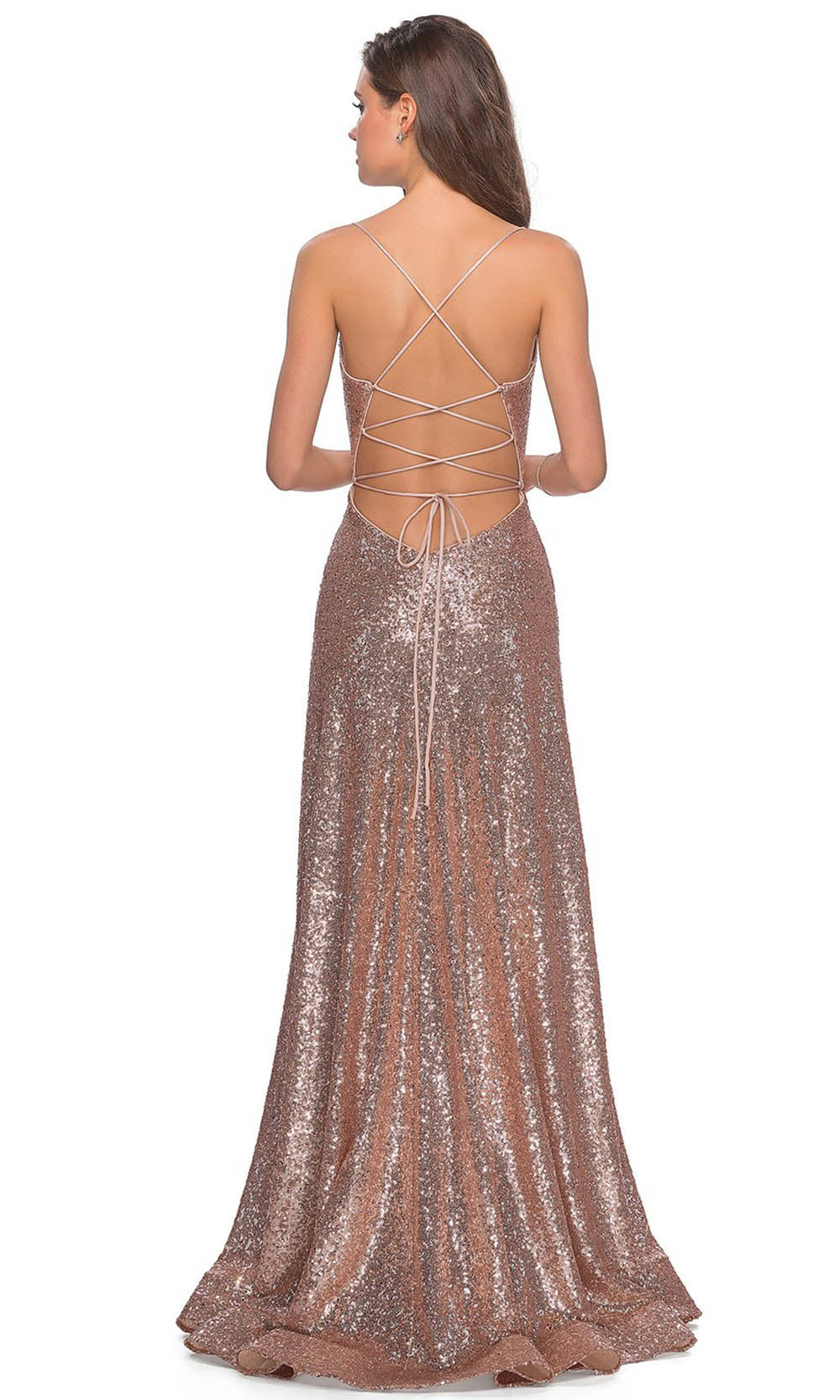 La Femme - 28276 Lace-Up Open Back Sequin A-Line Gown In Blue