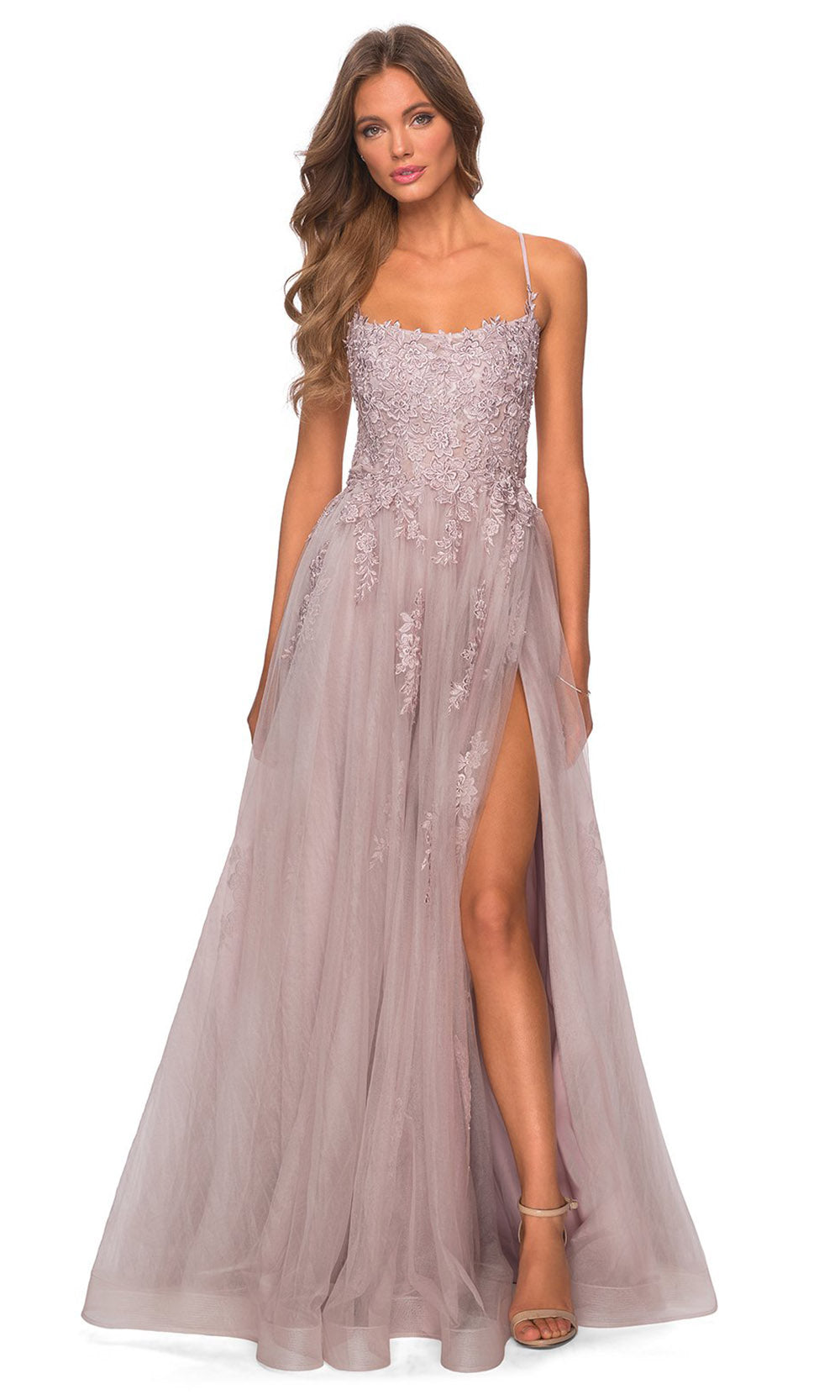 La Femme - 28470 Floral Lace Tulle Slit A-Line Gown In Mauve