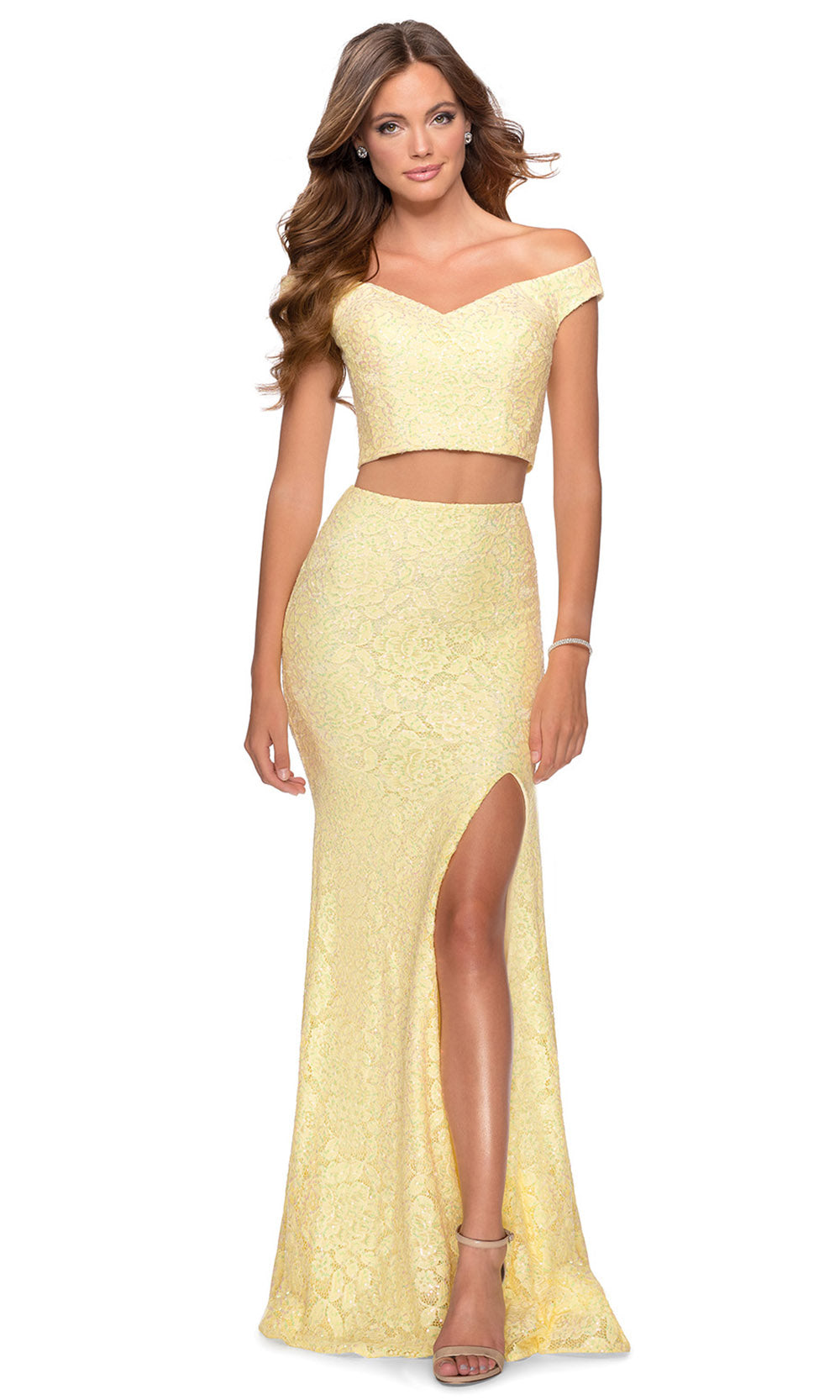 La Femme - 28565 Off Shoulder V-Neck Two-Piece Lace Dress In Yellow