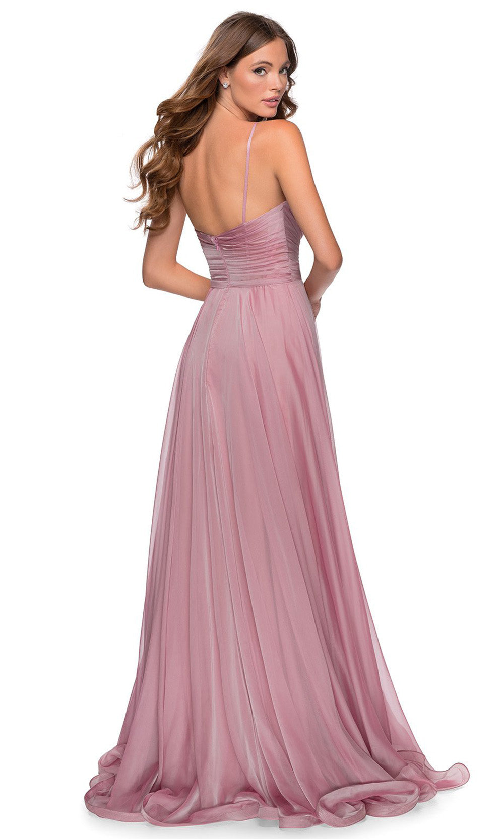 La Femme - 28611 V-Neck High Slit Chiffon A-Line Gown In Mauve