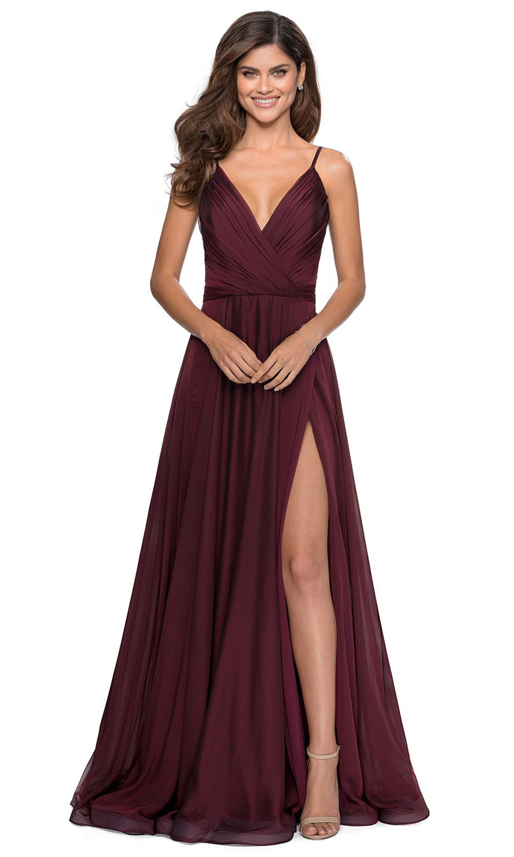La Femme - 28611 V-Neck High Slit Chiffon A-Line Gown In Red