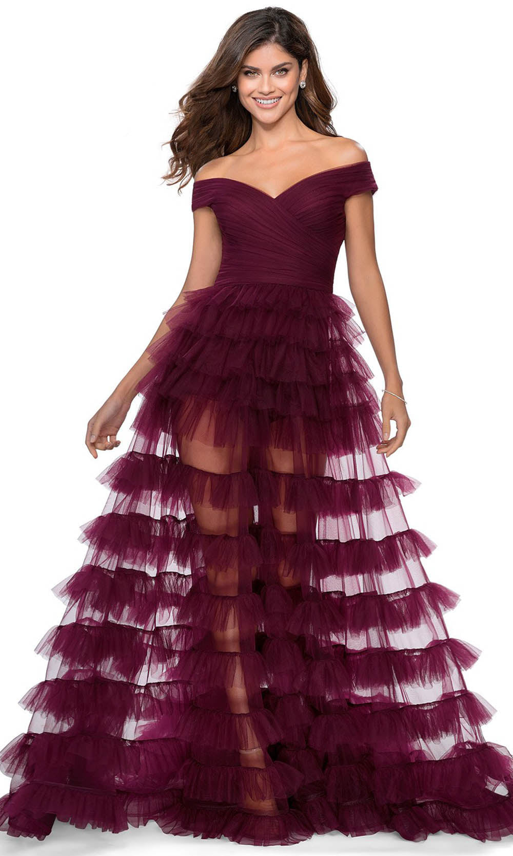 La Femme - 28804 Off Shoulder Tulle Tiered Dress In Red and Purple