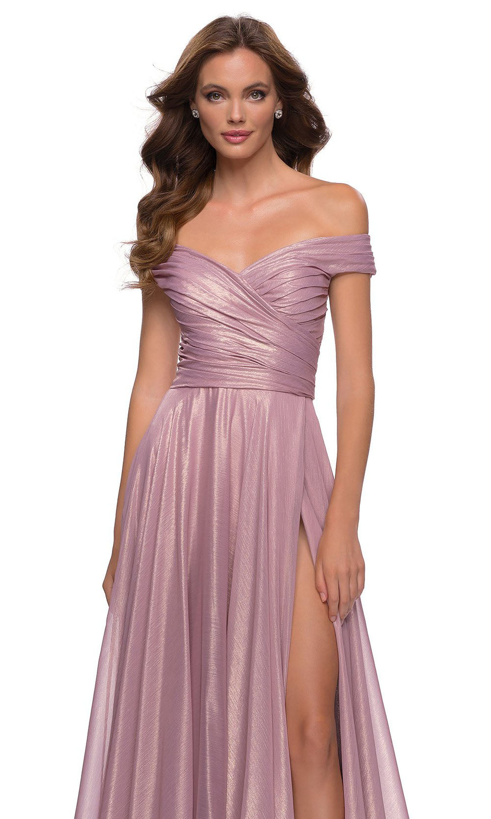 La Femme - 29172 A-Line Metallic Off-Shoulder Dress In Pink