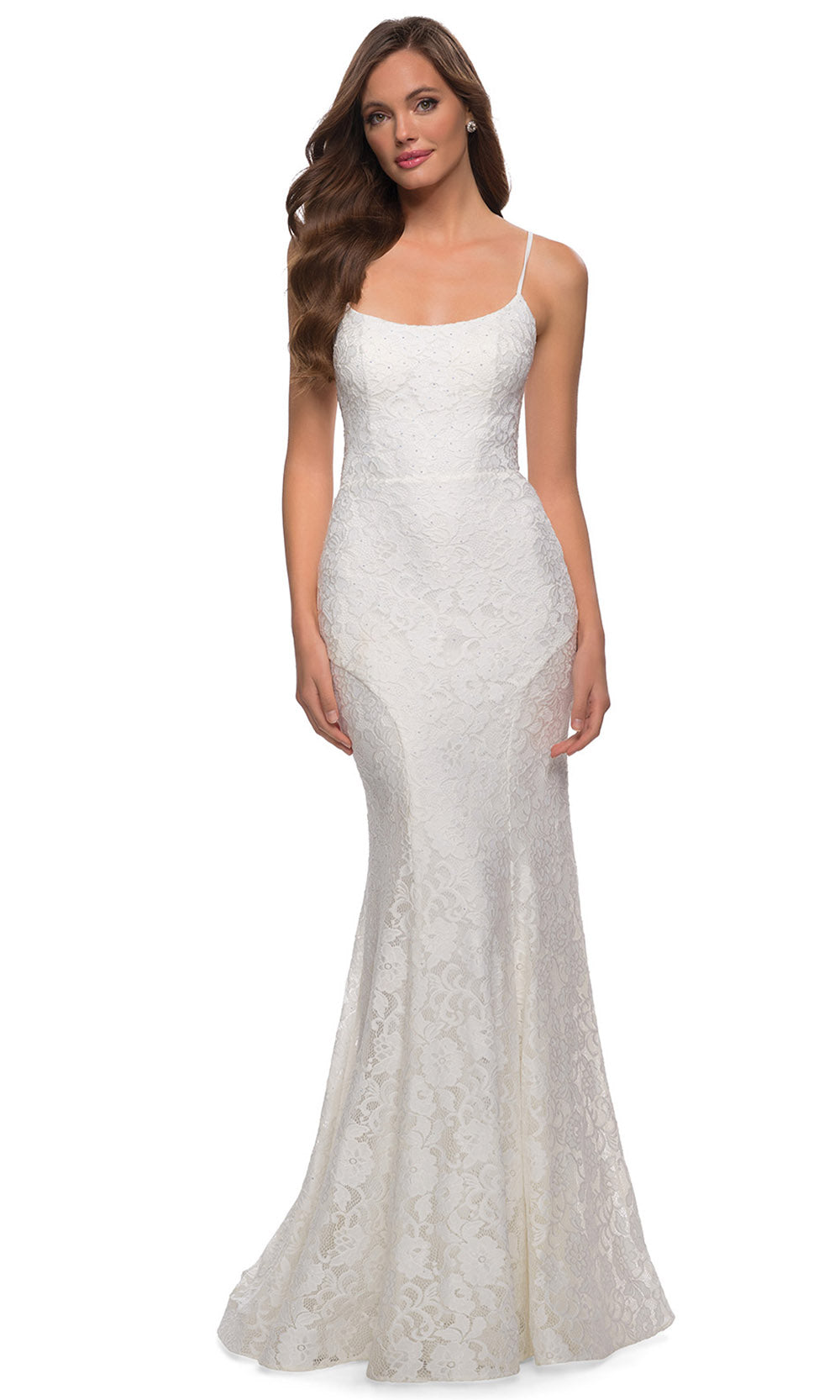 La Femme - 29611 Scoop Neck Strappy Open Back Floral Lace Gown In White & Ivory