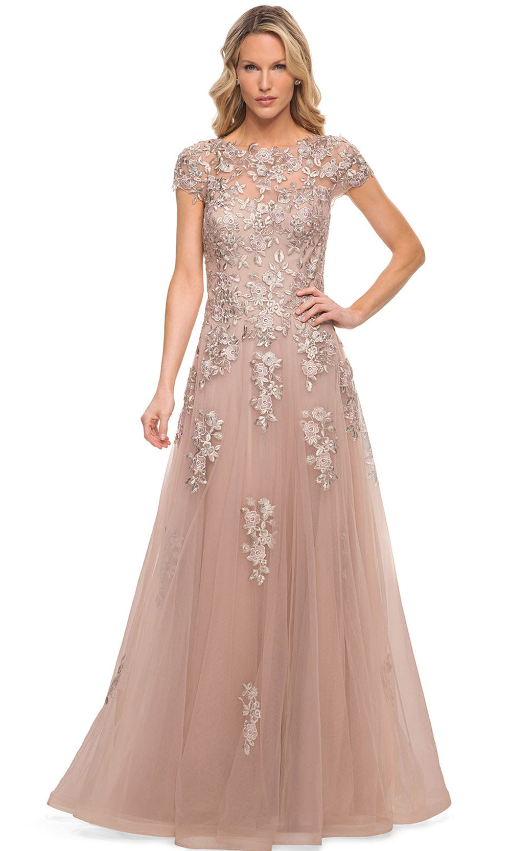 La Femme - 29829 Floral Appliqued Long Dress In Pink