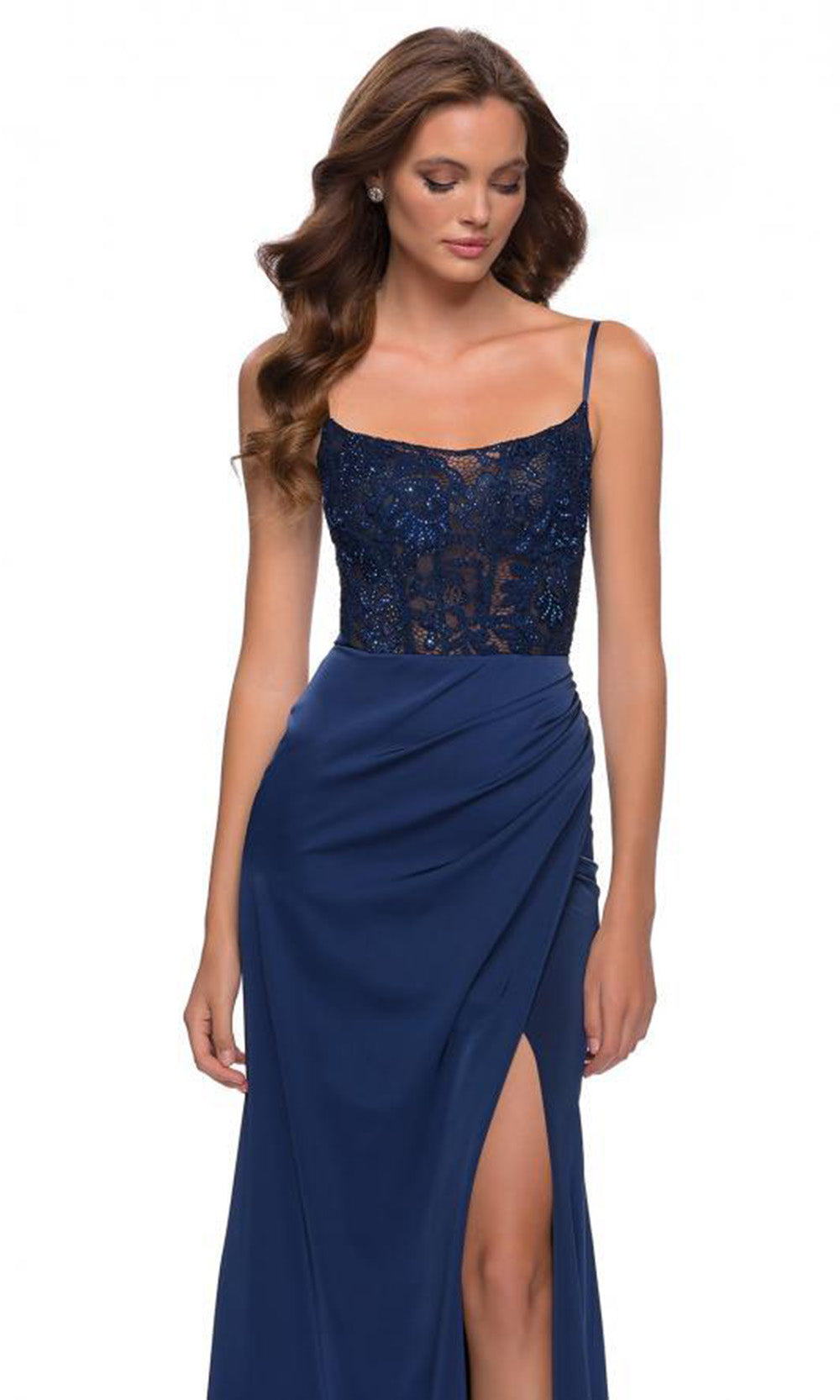 La Femme - 29888 Scoop Back Lace Top Dress In Blue