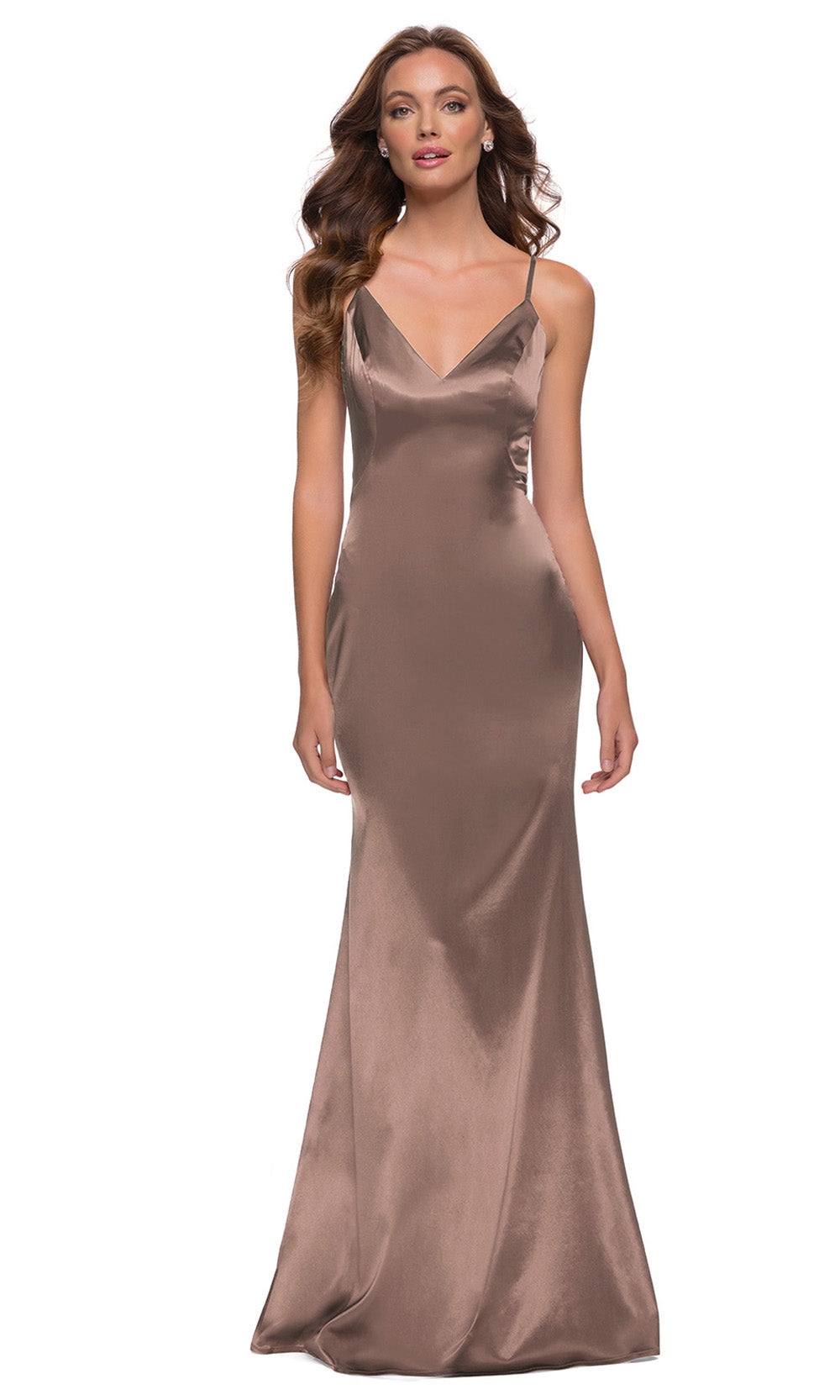 La Femme - 29960 Sleeveless V-Neck Stretch Satin Sheath Gown In Neutral