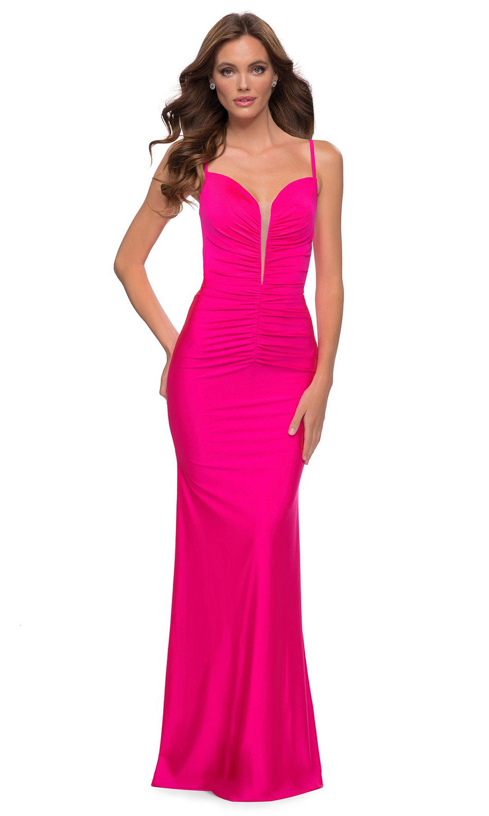 La Femme - 29966 Ruched V-Neck Sheath Dress In Pink