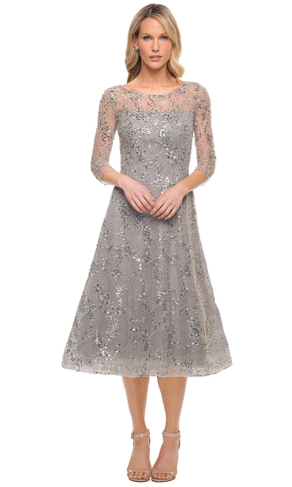 La Femme - 30002 Sheer Neckline Lace And Beaded Short Dress In Silver