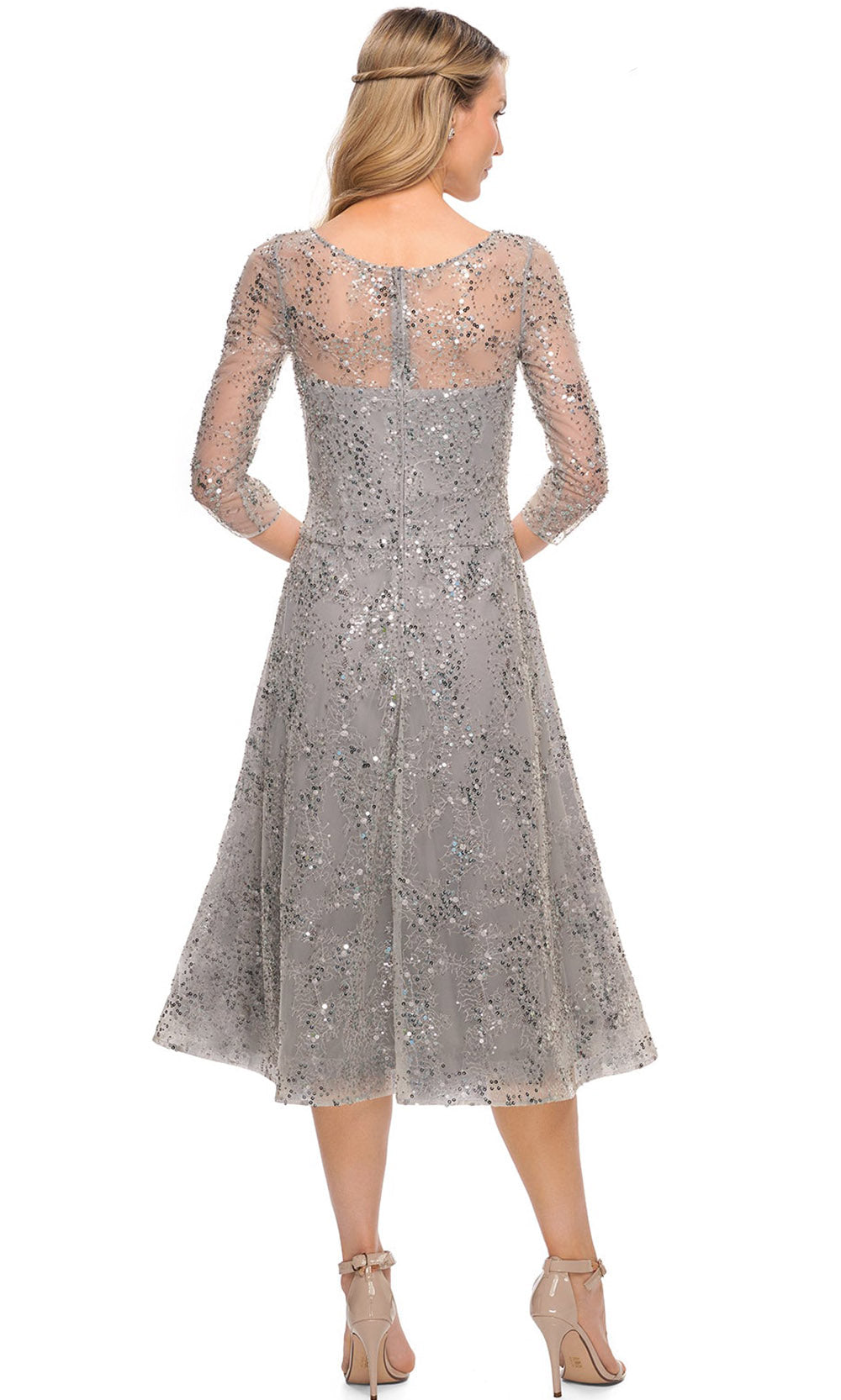 La Femme - 30002 Sheer Neckline Lace And Beaded Short Dress In Silver