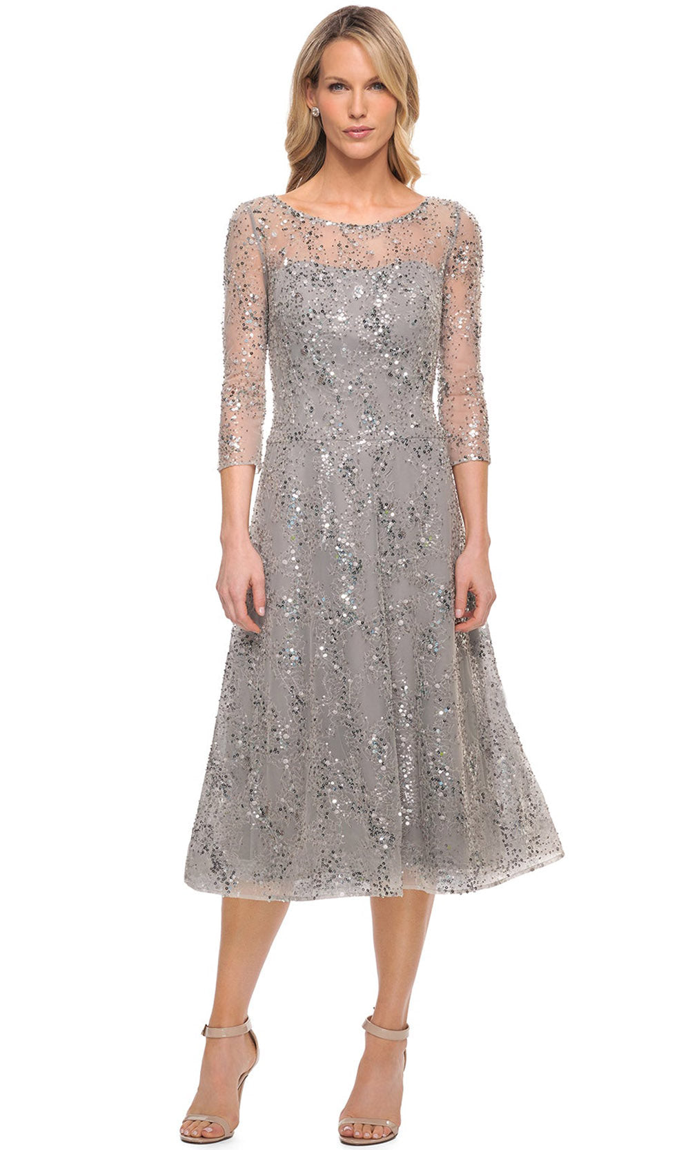 La Femme - 30002 Sheer Neckline Lace And Beaded Short Dress In Silver