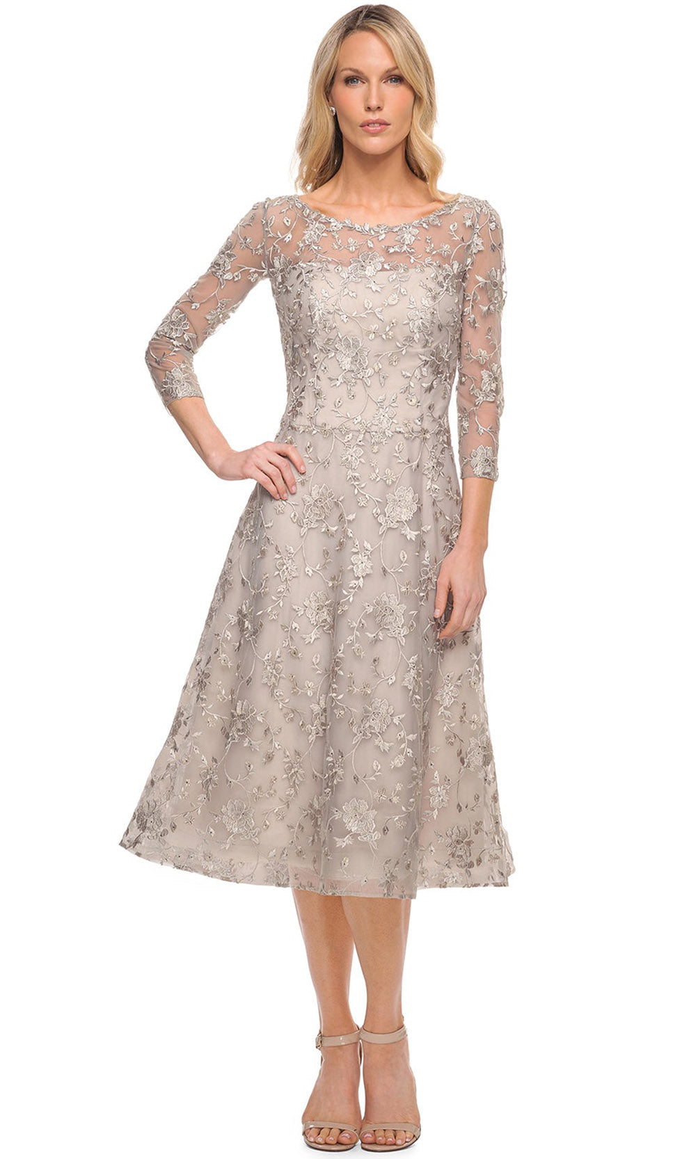 La Femme - 30004 Laced Tea Length A Line Tea Length Dress In Silver