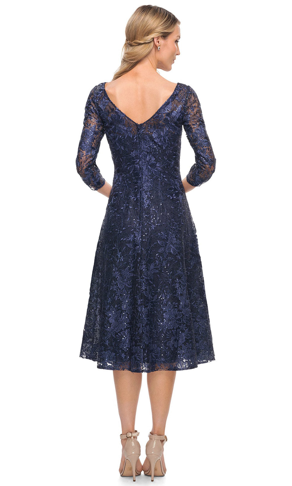 La Femme - 30005 Embroidered Bateau Neckline A-Line Dress In Blue