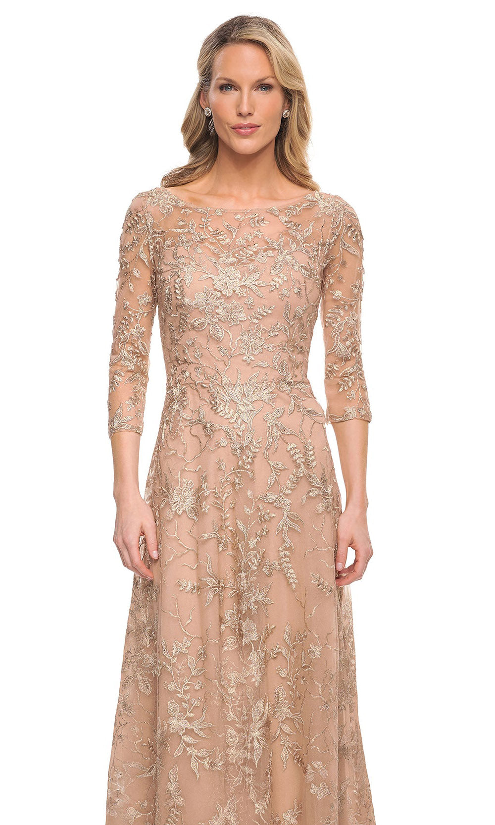 La Femme - 30021 Embroidered Bateau Neckline Sheath Dress In Gold