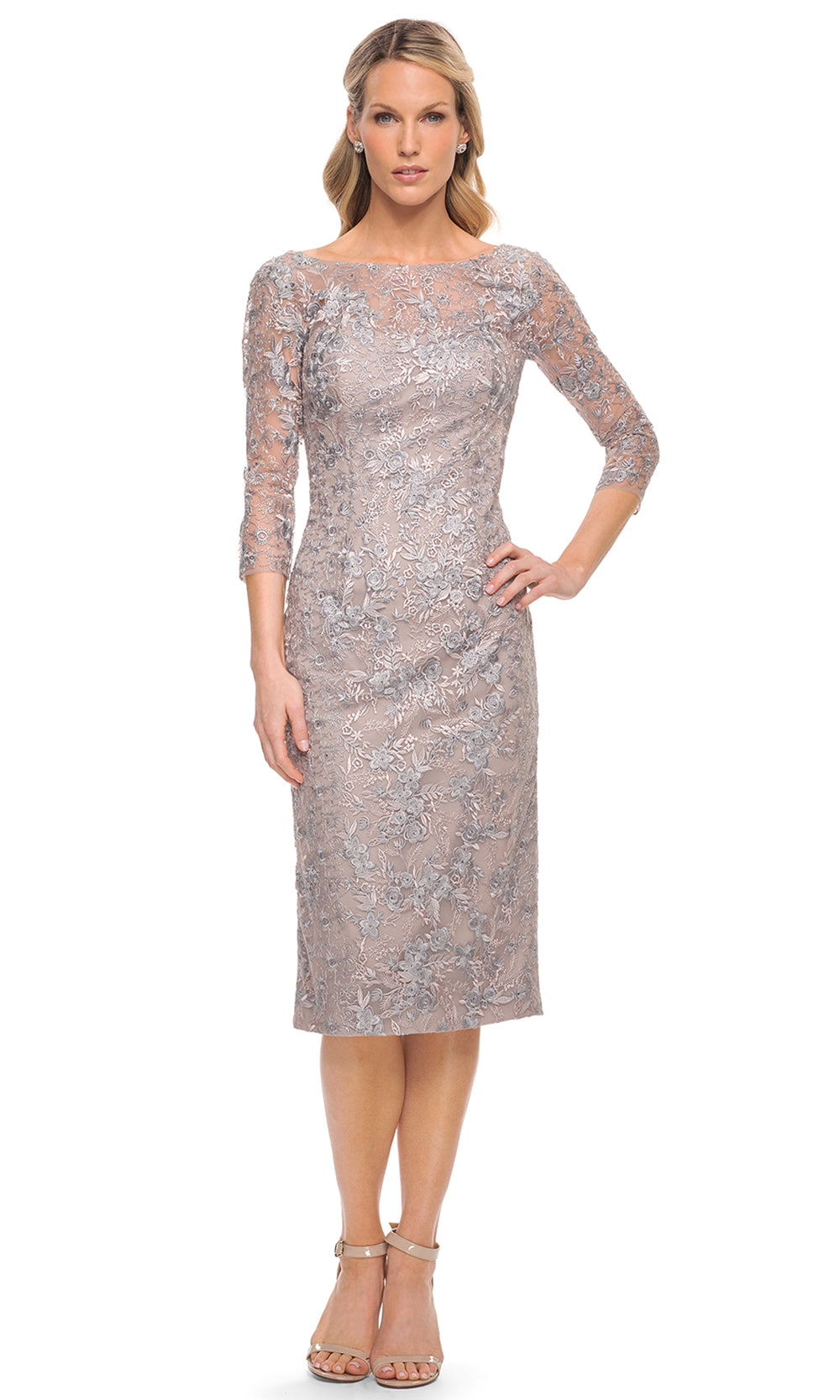 La Femme - 30036 Floral Appliqued Knee Length Dress In Silver