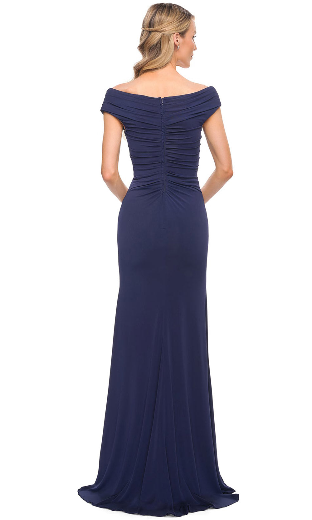 La Femme - 30040 Shirred Cap Sleeved A Line Dress In Blue