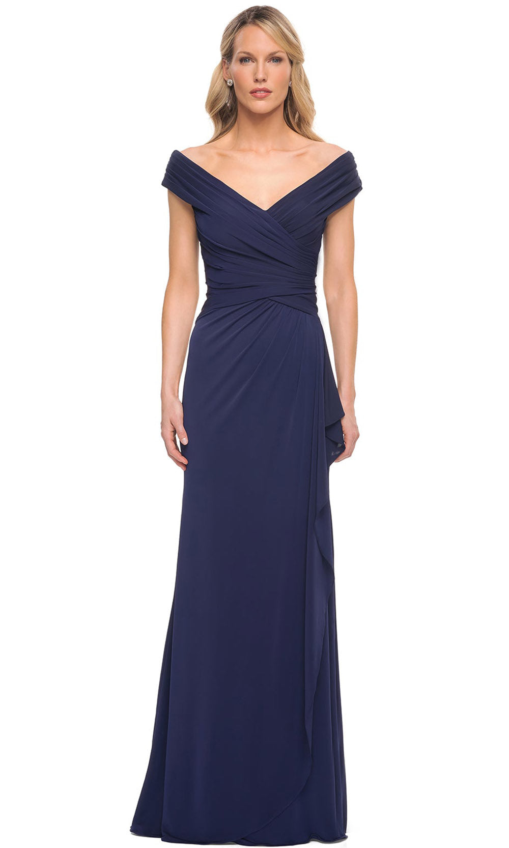 La Femme - 30040 Shirred Cap Sleeved A Line Dress In Blue