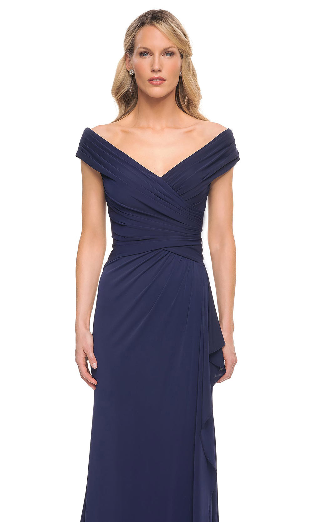 La Femme - 30040 Shirred Cap Sleeved A Line Dress In Blue