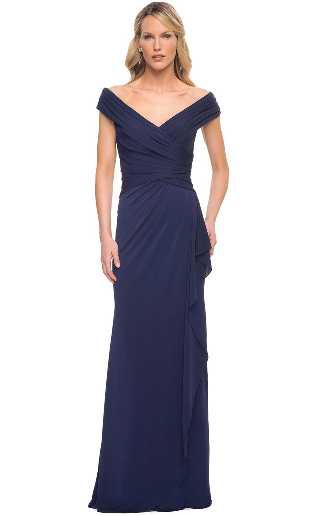 La Femme - 30040 Shirred Cap Sleeved A Line Dress In Blue