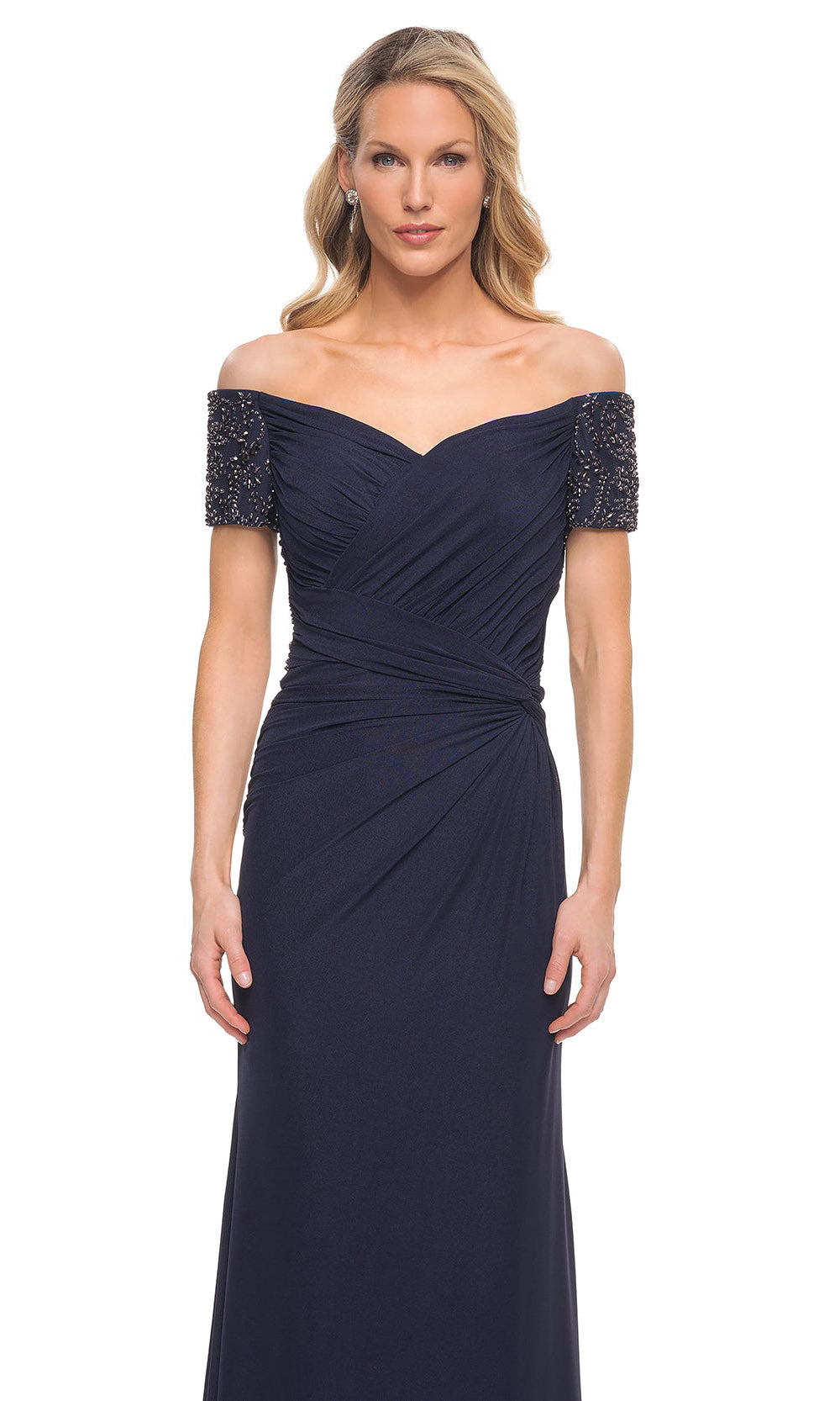 La Femme - 30057 Beaded Short Sleeve Off Shoulder Long Gown In Blue