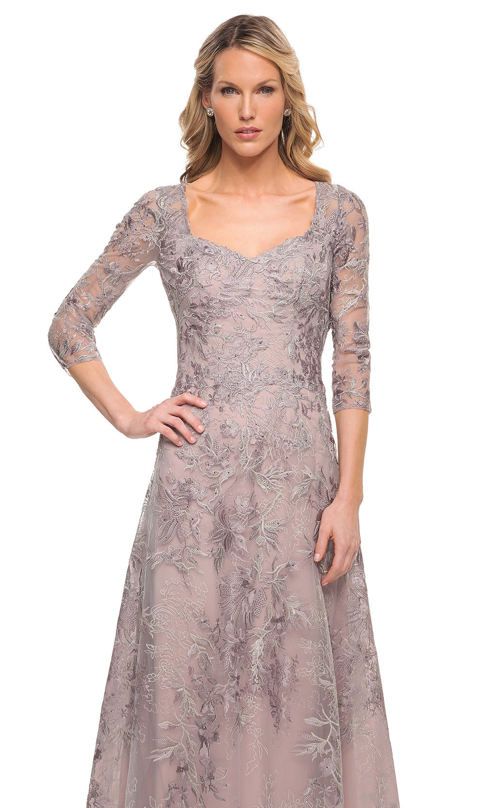 La Femme - 30078 Beaded V-Neckline Sheath Dress In Silver and Pink