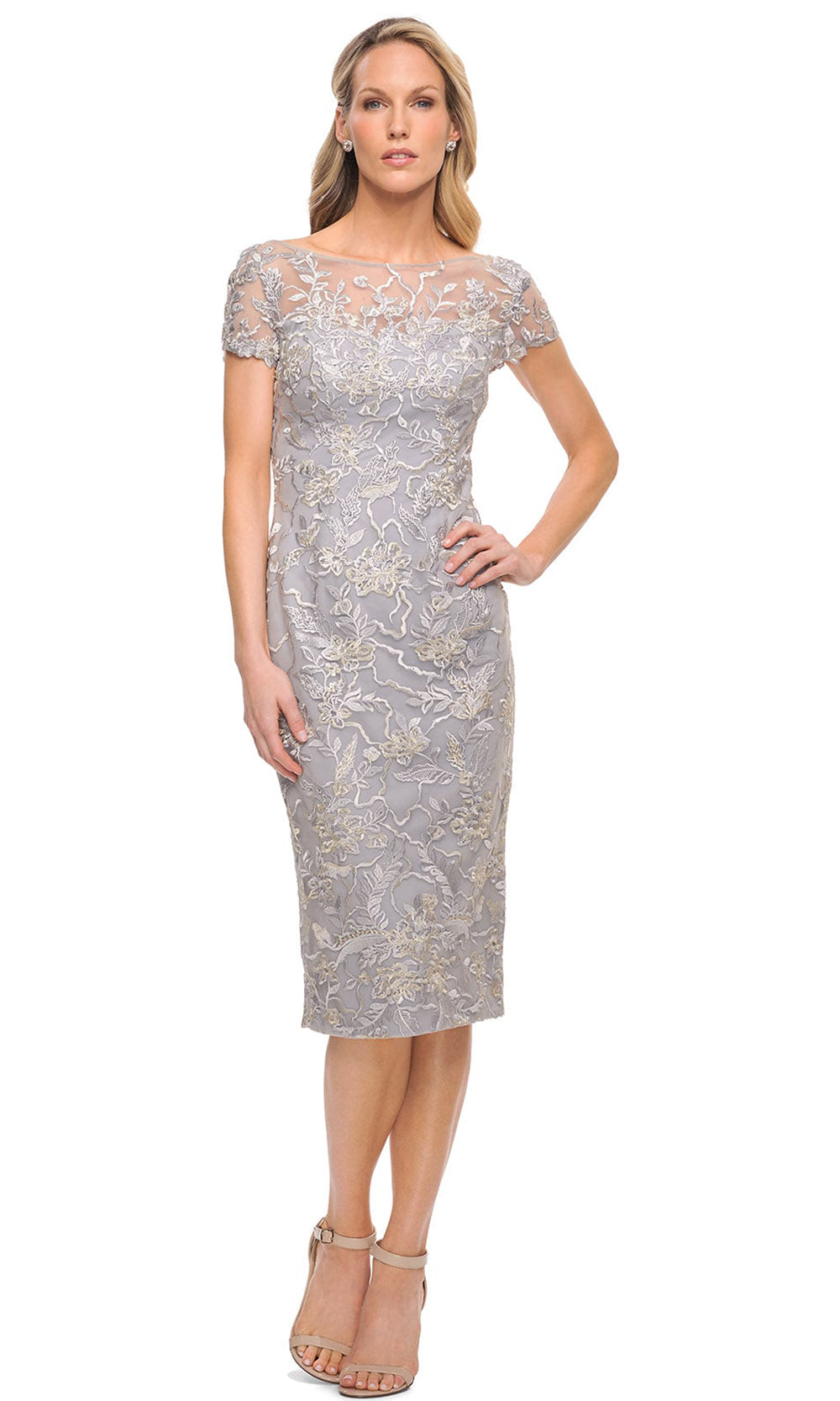 La Femme - 30108 Embellished Short Sleeves Sheath Dress In Silver